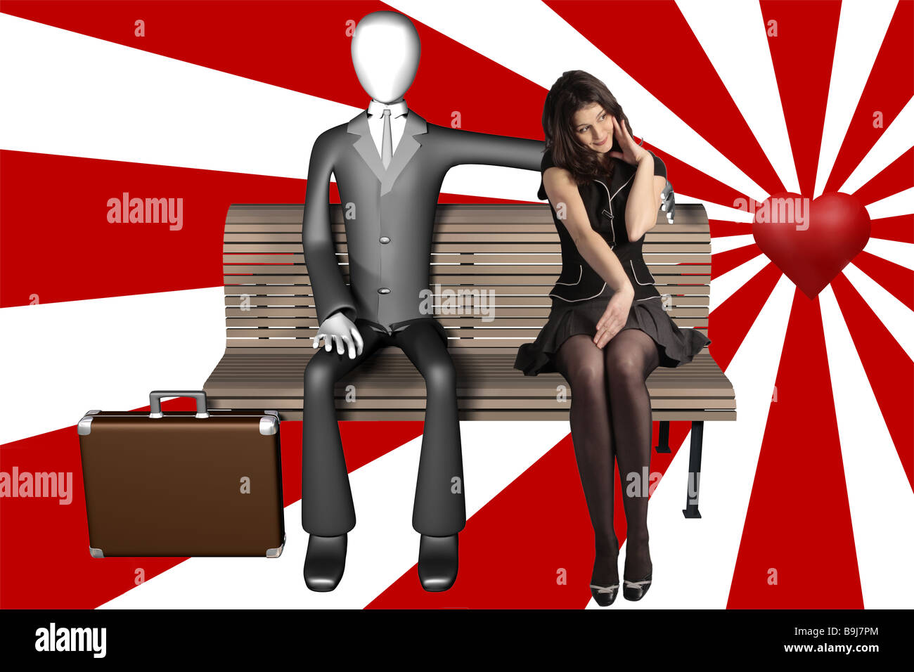 3D Abbildung des Menschen durchlöchern Frau auf einer Bank mit roten und weißen Strahl um sie herum. Lehne dich an mich, wenn Sie nicht stark sind. Stockfoto