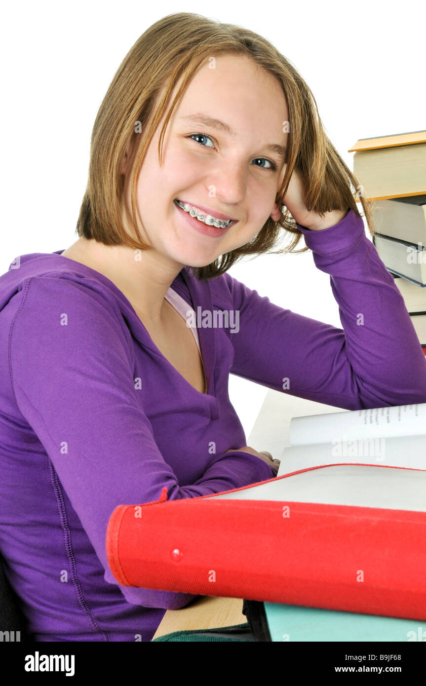 Glücklich Teenager-Mädchen an der Rezeption zu studieren Stockfoto