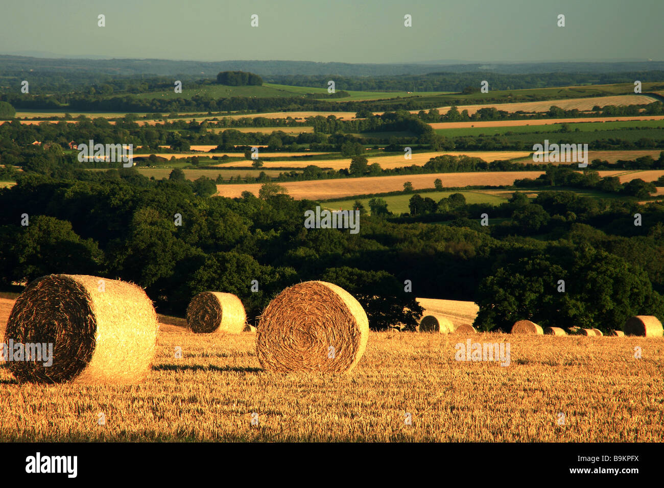 Eine Ansicht der englischen Landschaft zur Erntezeit mit Strohballen und Handwerkkunst Stoppeln Stockfoto