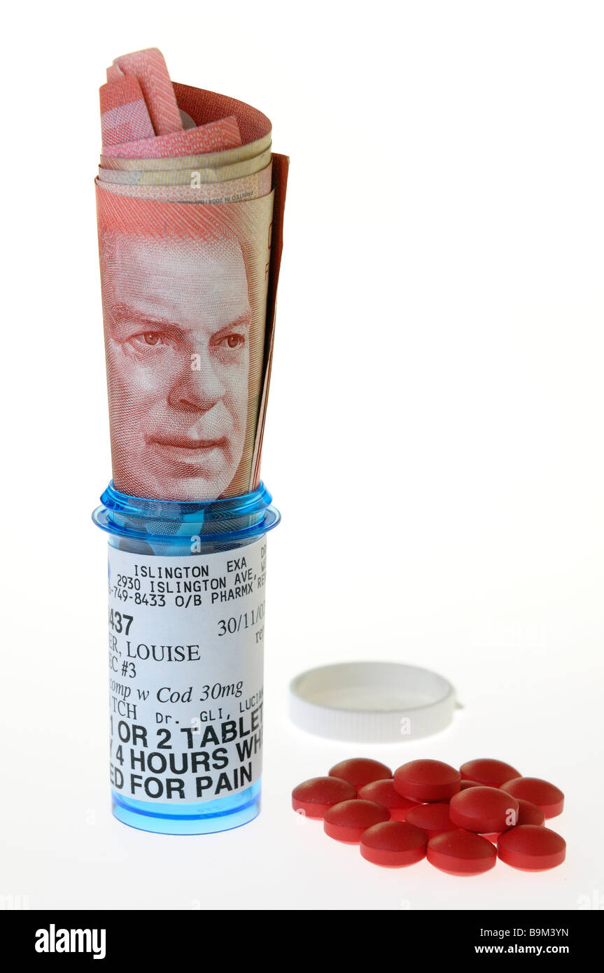 Porträt von Mackenzie King auf 50 kanadische Dollarschein in einer Verschreibung Flasche zum Schmerz Stockfoto