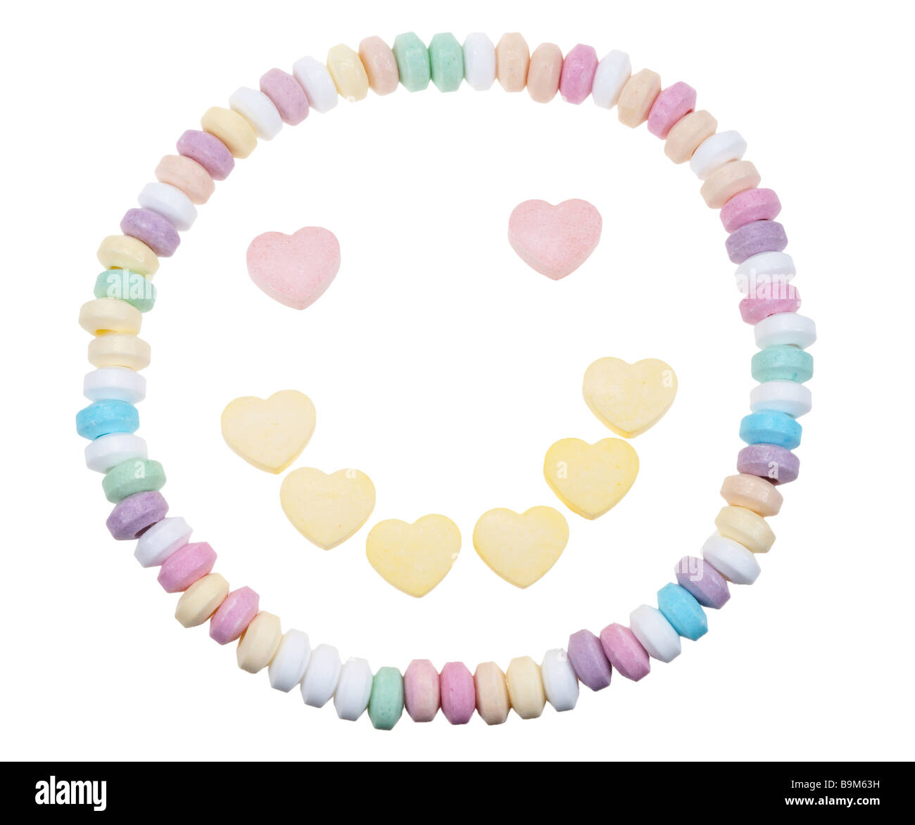 Candy Halskette glückliches Gesicht isoliert auf weißem Hintergrund Stockfoto