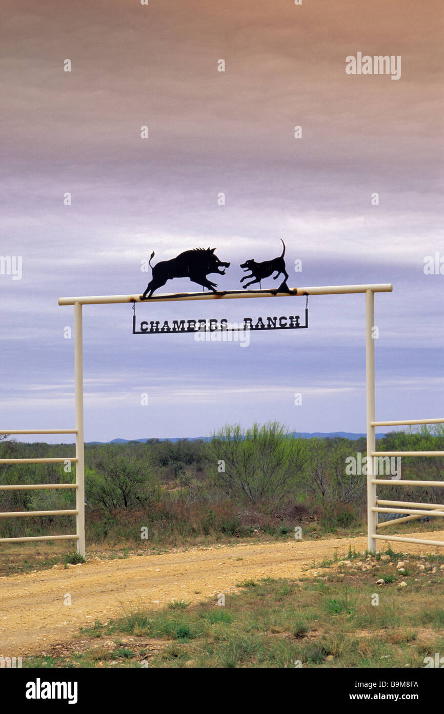 Tor Schmiedeeisen Ranch in der Nähe von D Hannis bei uns 90 Autobahn in Medina County Texas USA Stockfoto