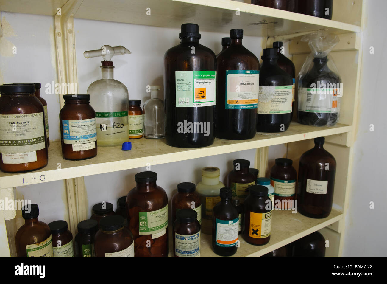 Gefährliche Chemikalien in einem Regal in einem Labor Stockfoto