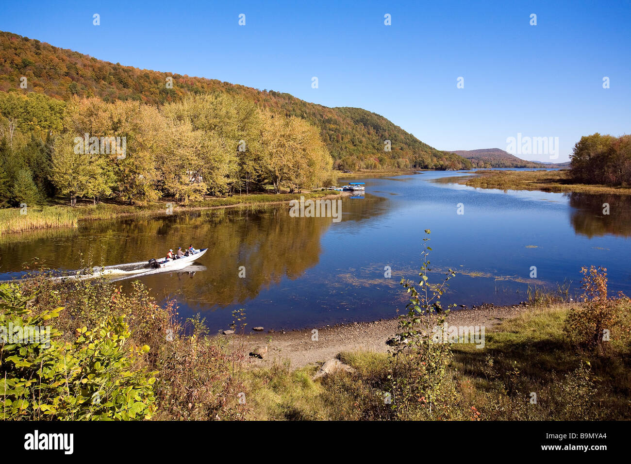 Kanada, Quebec Provinz, Region Estrie, herbstlichen Farben entlang der Straße 247 zwischen Beebe und Fitch Bay, Bootsfahrt in der Bucht von Fitch Stockfoto