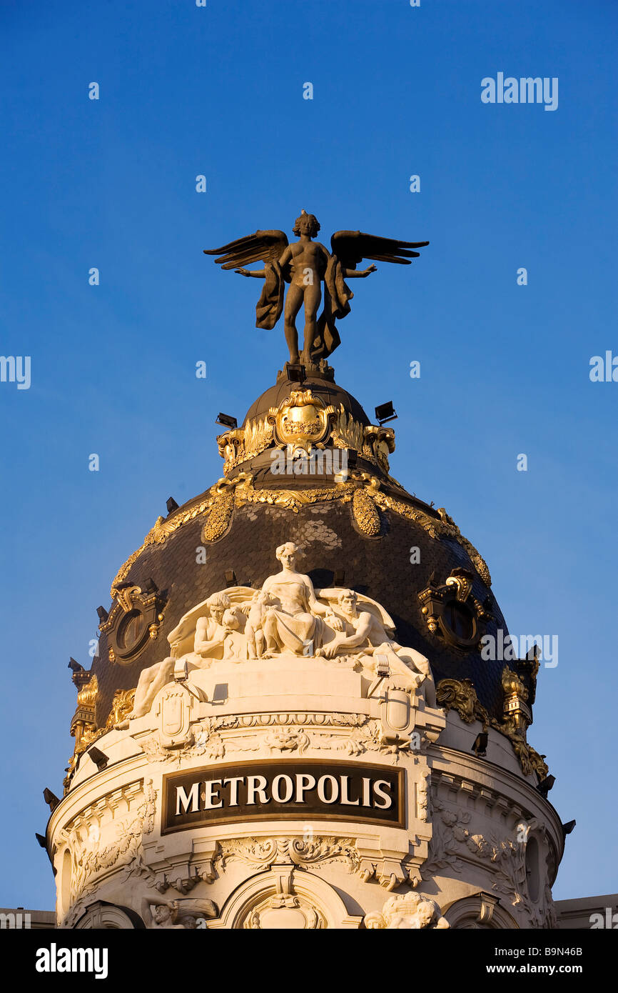 Spanien, Madrid, der Engel der Metropole Gebäude an der Gran Via avenue Stockfoto