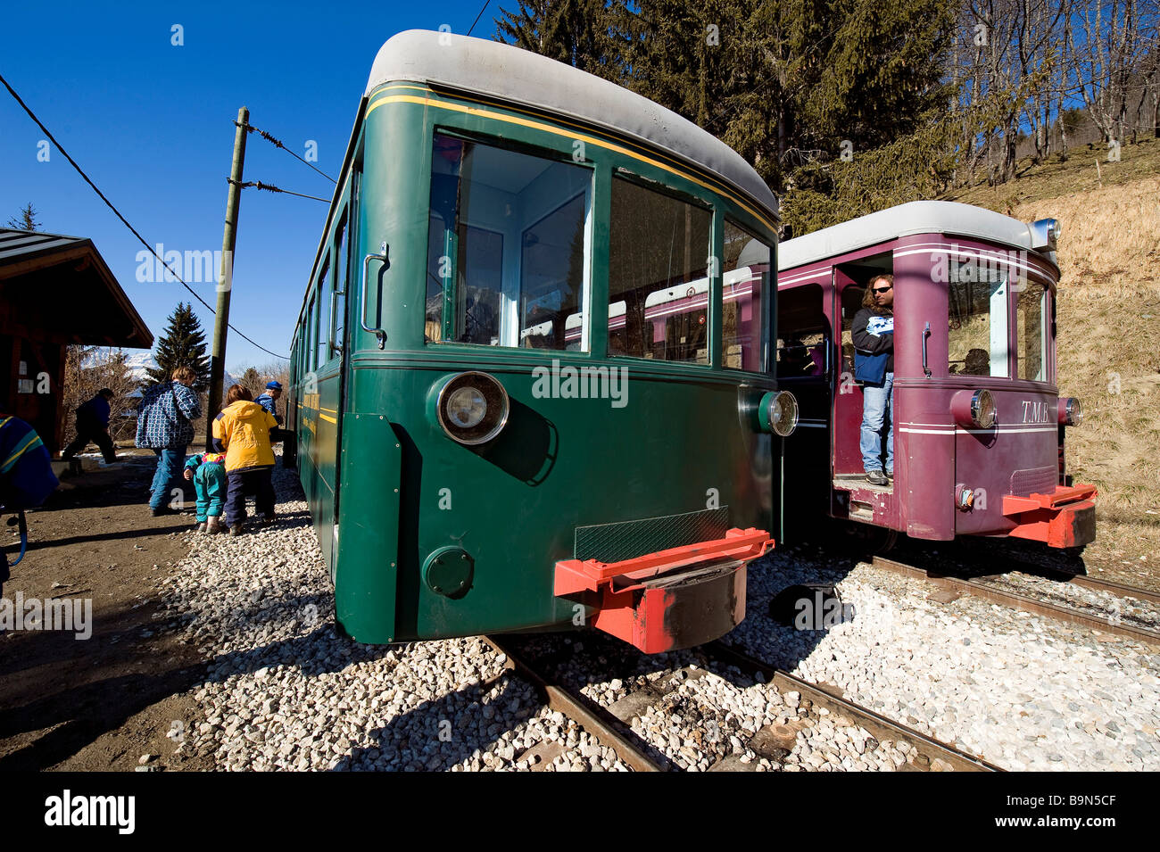 Mont Blanc Tramway (TMB), Zahnradbahn der Mont Blanc-Bergkette verbindet den Bahnhof von Saint Gervais Le Fayet Stockfoto