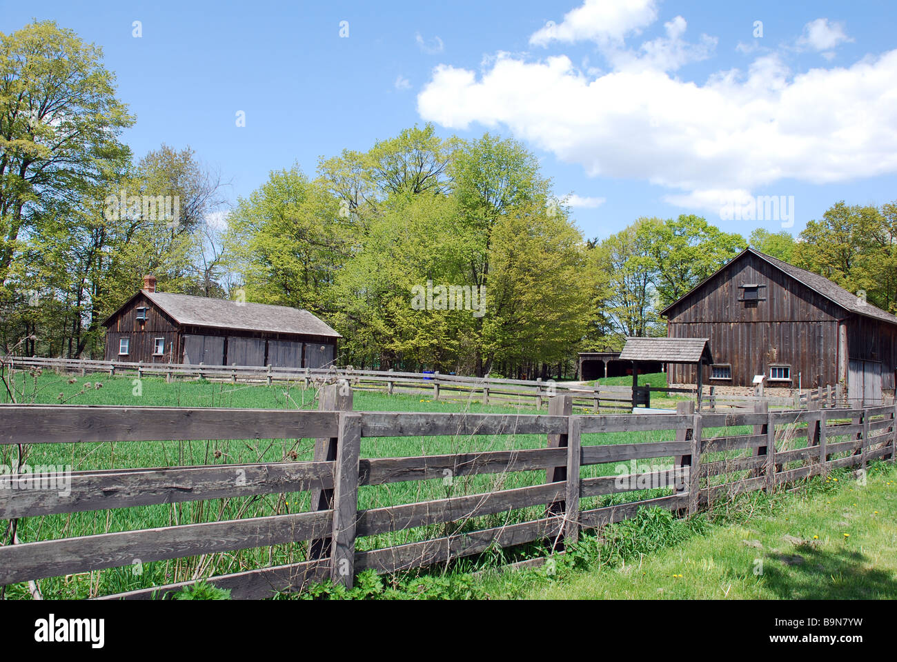 Ländlichen Landschaft mit grünen Wiesen und Bauernhaus Stockfoto