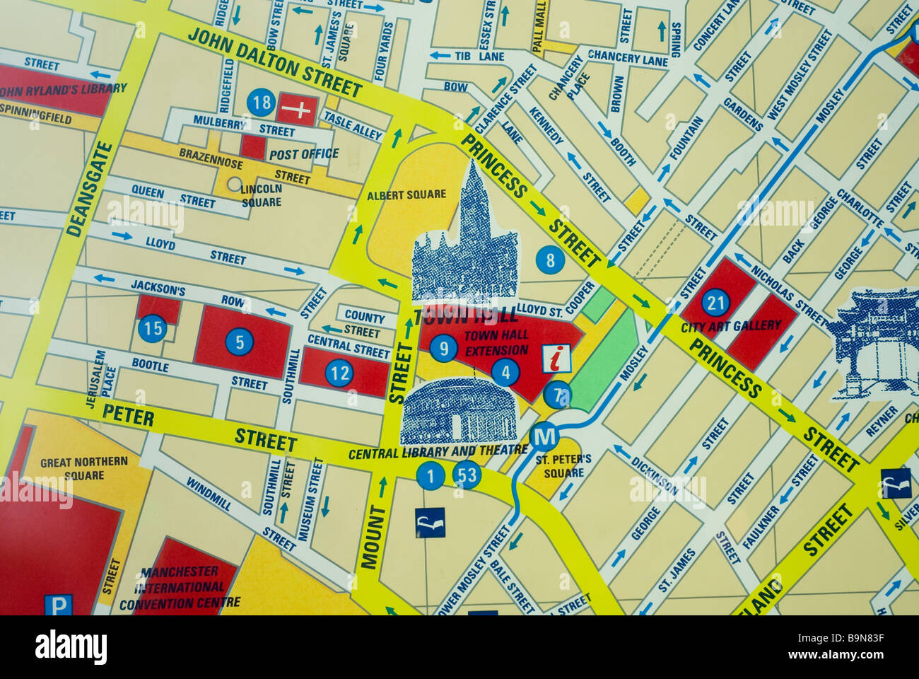 Nahaufnahme von Manchester City Zentrum Karte auf einem Verzeichnis Board UK Stockfoto