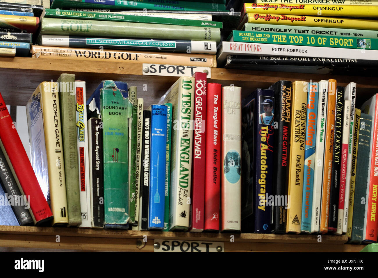 Sportlicher Natur bunt auf einem Bücherregal verschönte angeordnet zu lesenden Bücher Stockfoto