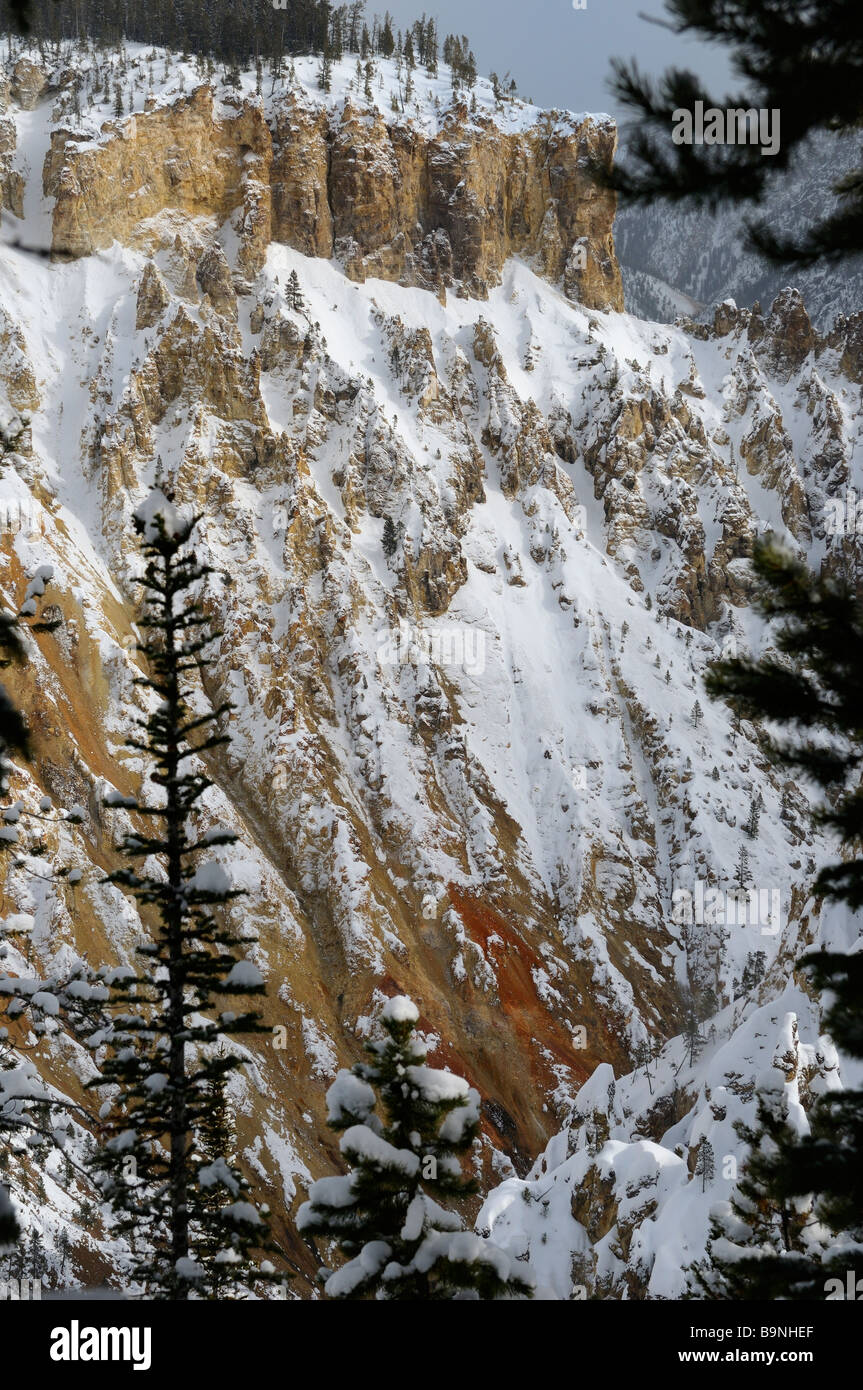 Steile ausgewaschene Rost rote Felsen im Grand Canyon des Yellowstone im Winter Yellowstone National Park in Wyoming USA Stockfoto