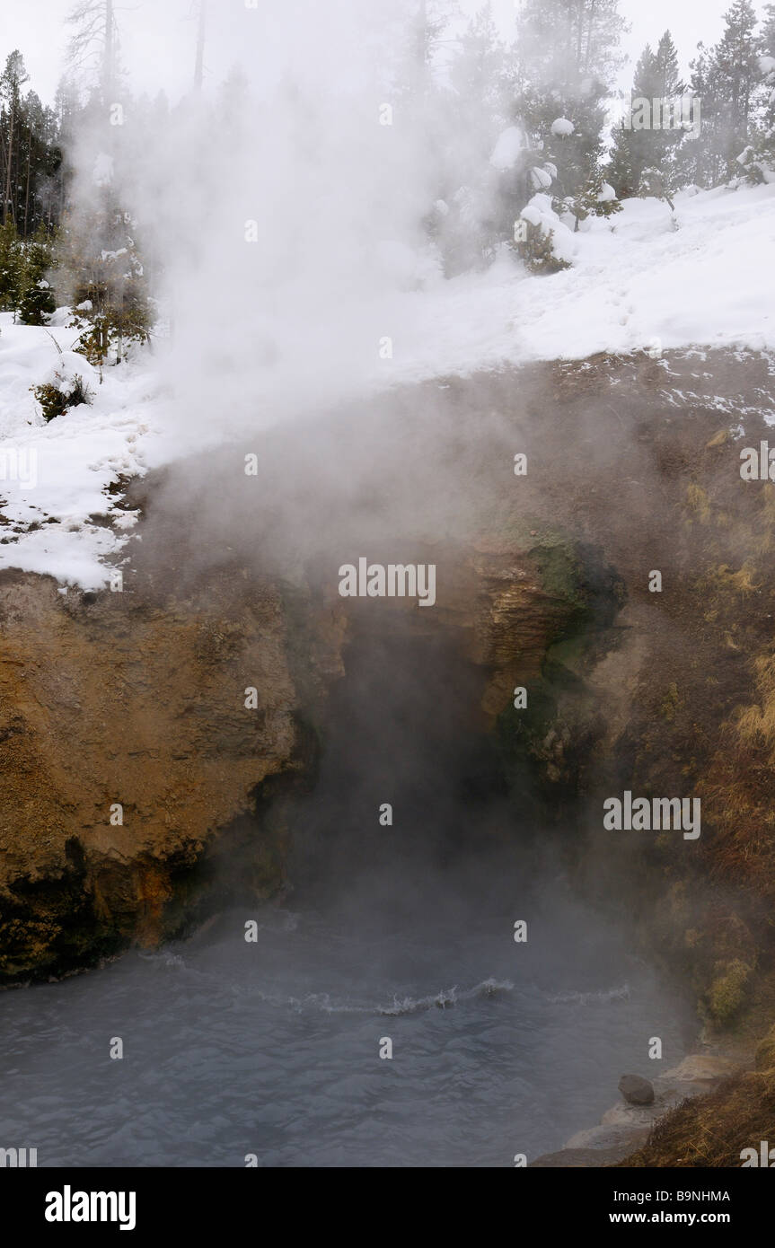 Drachen Mund Thermalquelle in Mud Volcano Gegend von Yellowstone National Park in Wyoming USA im winter Stockfoto