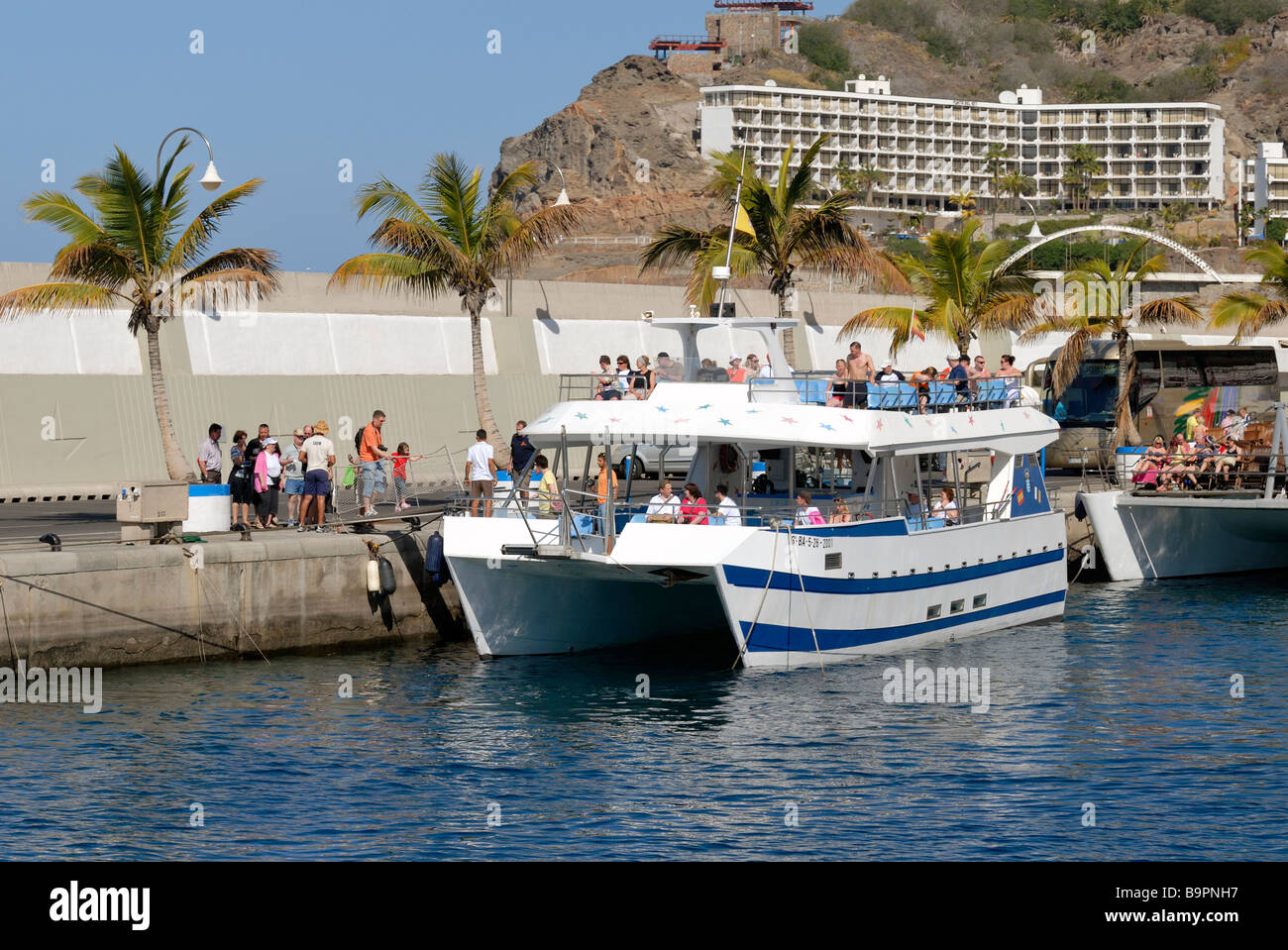 Die tägliche zweistündige Dolphing spotting Reise fahren vom Hafen Puerto Rico. Puerto Rico, Gran Canaria, Kanarische Inseln, Spanien Stockfoto
