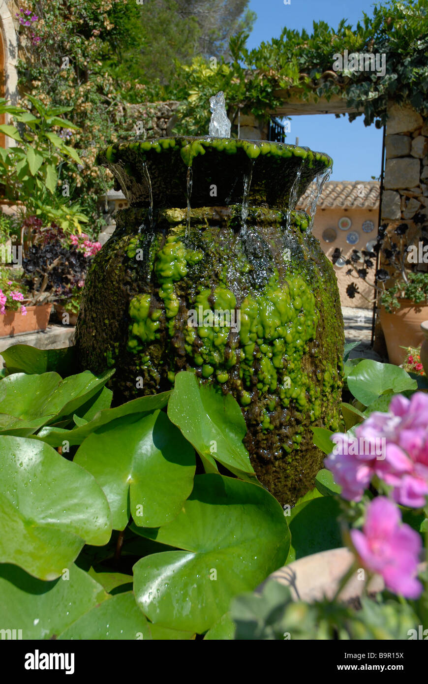 Teich mit Springbrunnen in einer Urne in einem spanischen Innenhof-Garten, Jesus Pobre, Provinz Alicante, Comunidad Valenciana, Spa Stockfoto