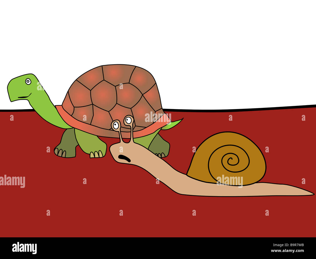 Fast and furious - humorvollen Comic-Zeichnung. Schnecke und Schildkröte. Slowpoke und Express. Handzeichnung. Stockfoto