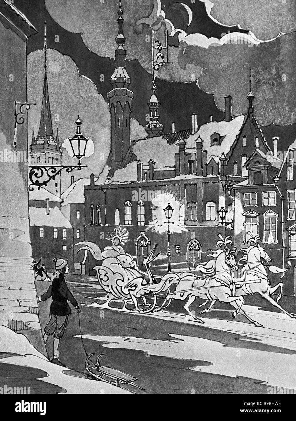 Eine Reproduktion einer Zeichnung von Valery Alfeyevsky, die Schneekönigin-Märchen von Hans Christian Andersen Stockfoto