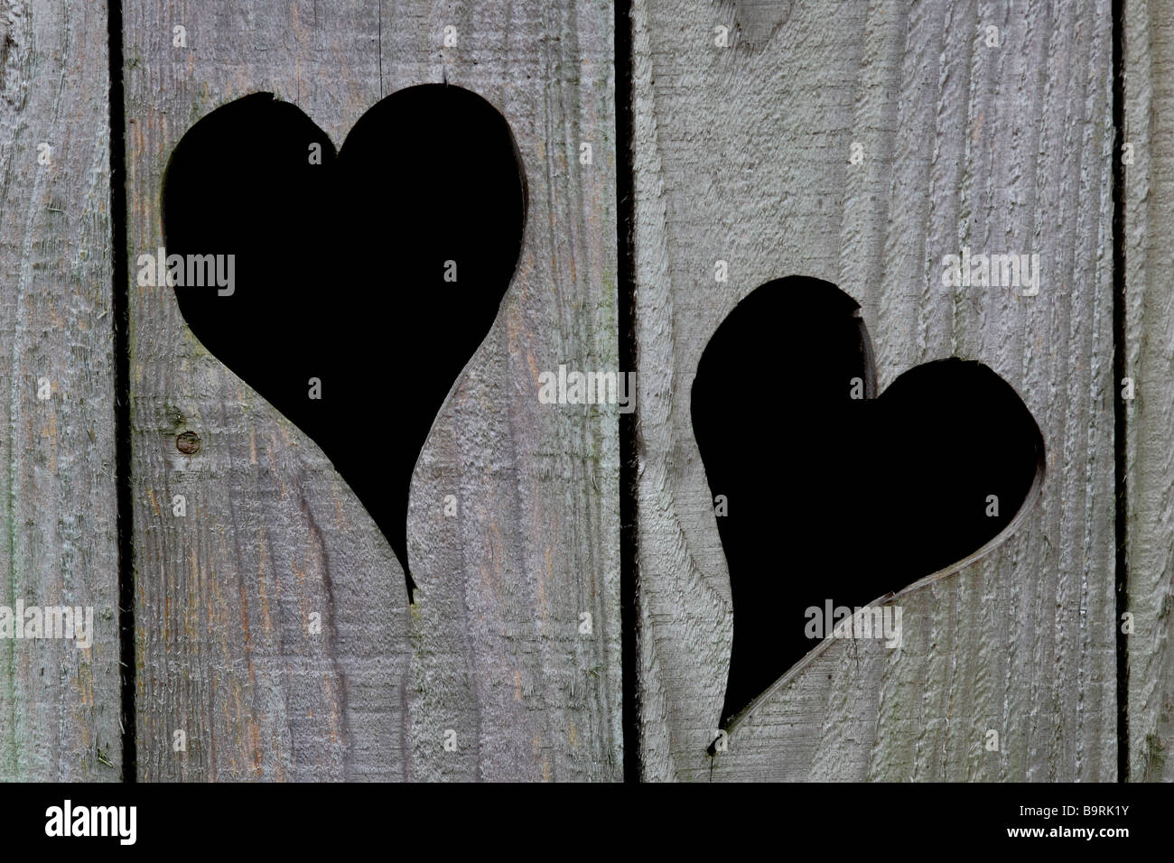 zwei Herzen in einer Holztür gehauen Stockfoto