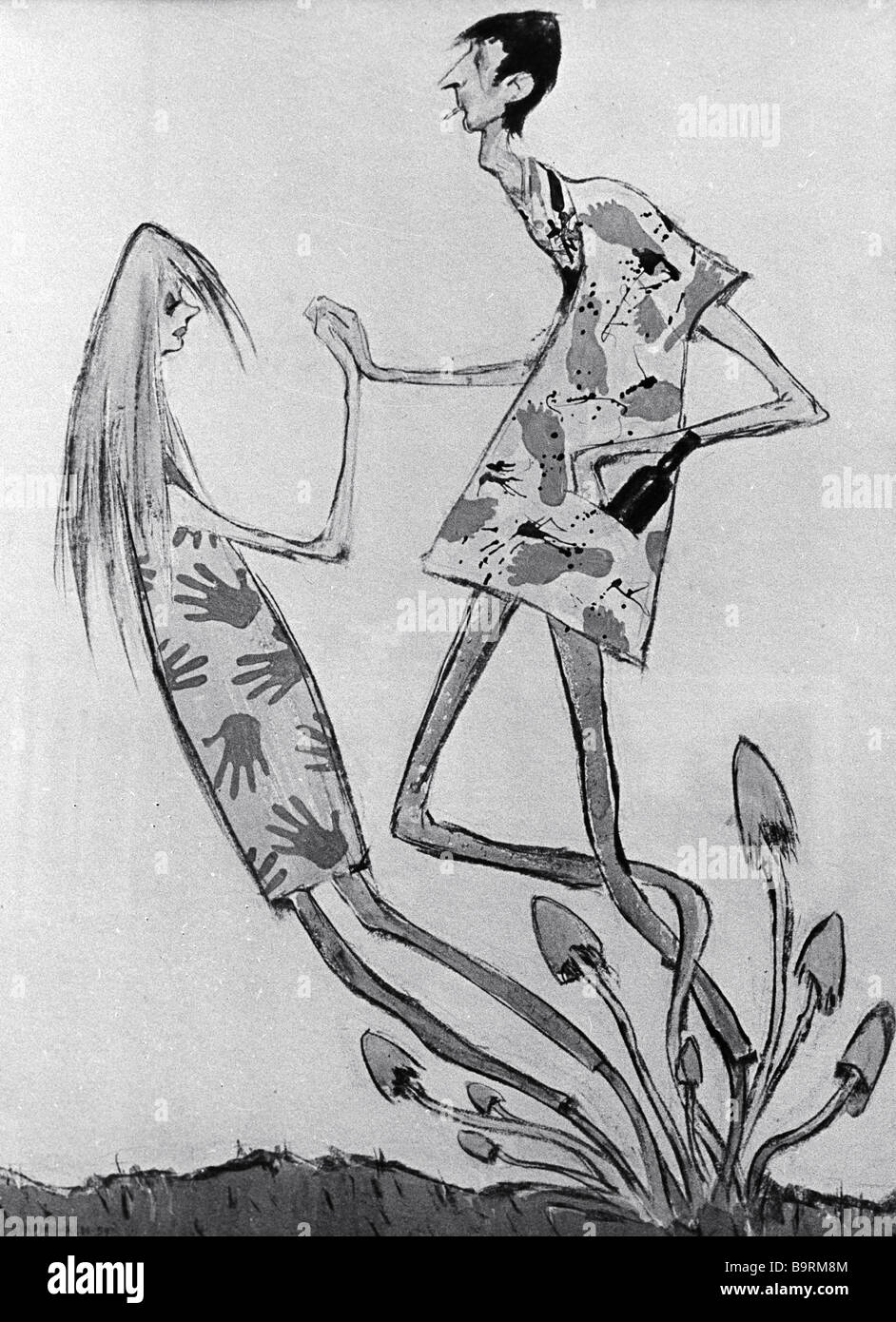 Reproduktion der Kukryniksy s Zeichnung Fliegenpilze Stockfoto