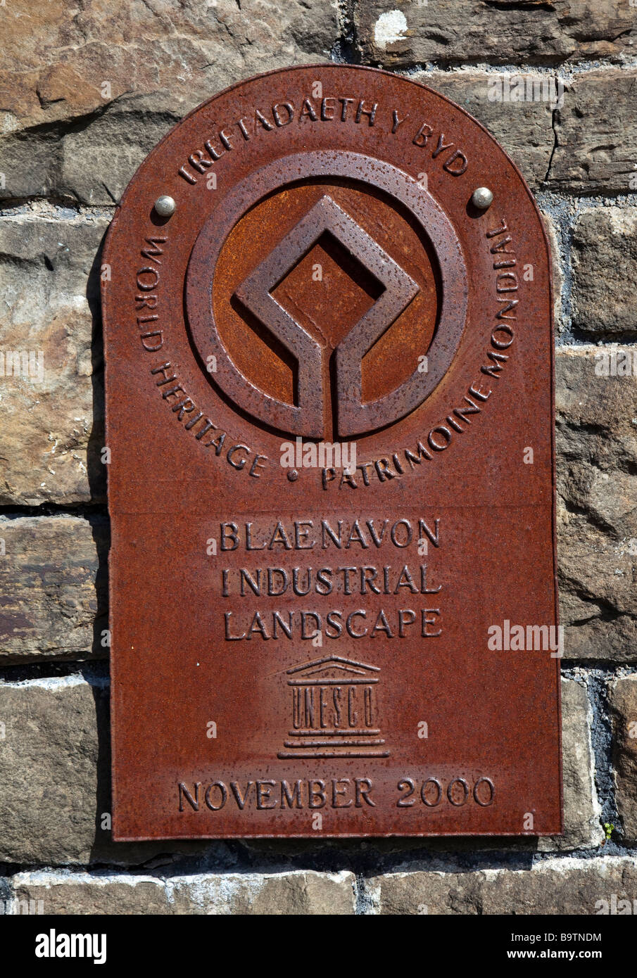 Blaenavon industrielle Landschaft UNESCO Schild am Eisenwerk Blaenavon Wales UK Stockfoto