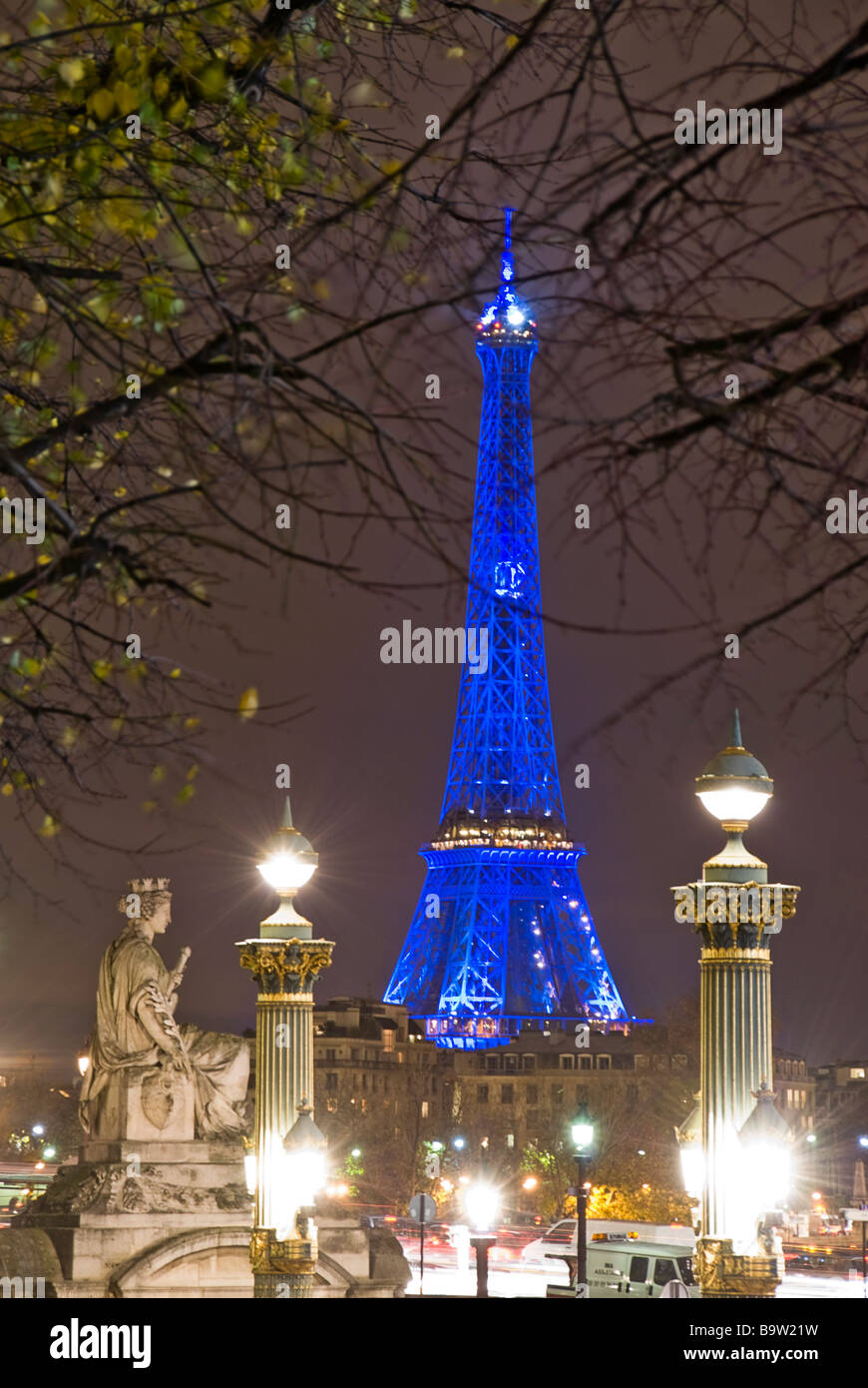 Blick auf den Eiffelturm in der Nacht aus dem Tuileries, Paris, Frankreich, Europa Stockfoto