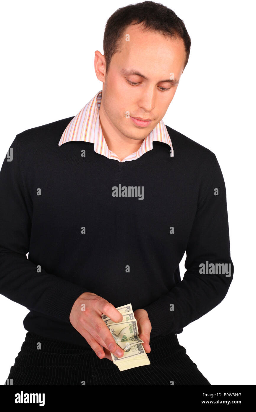 Junger Mann in schwarz mit Geld Stockfoto