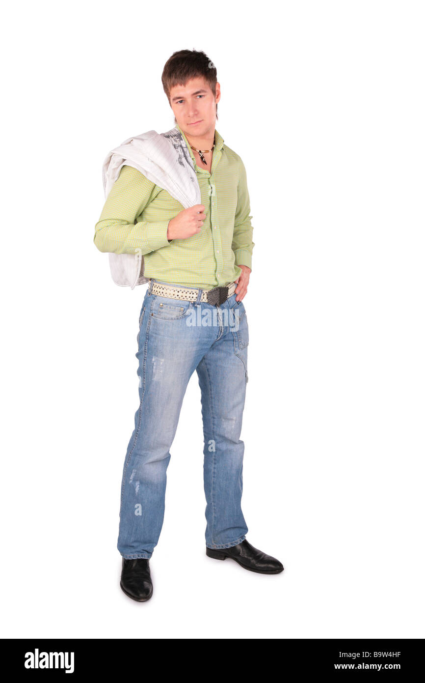 Ernster junger Mann Mantel auf Schulter Stockfoto