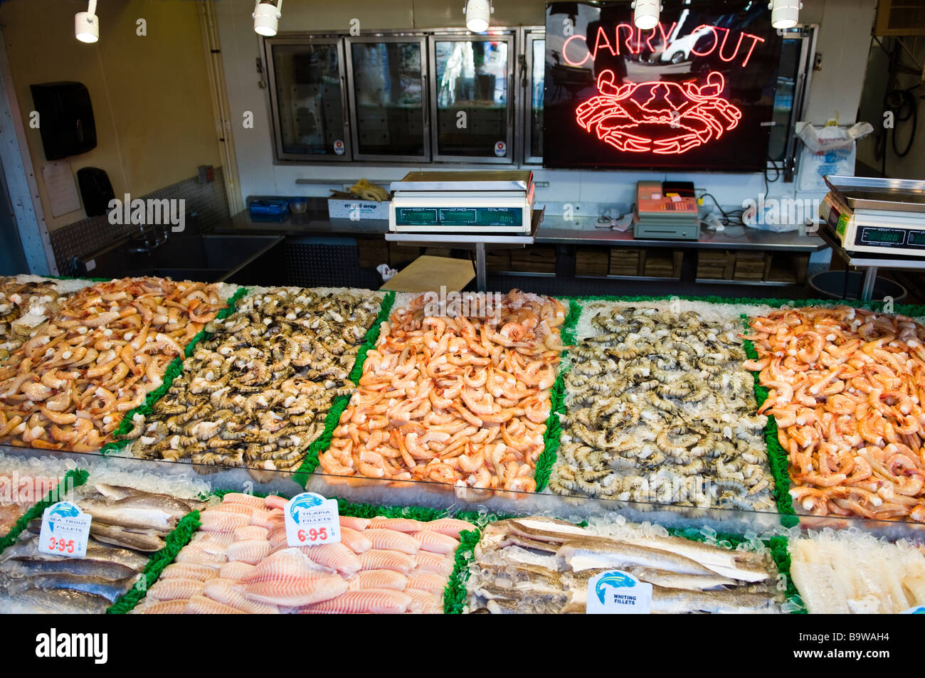 Frische Meeresfrüchte, angezeigt auf dem Fischmarkt am Kai in der Innenstadt von Washington D.C. Stockfoto