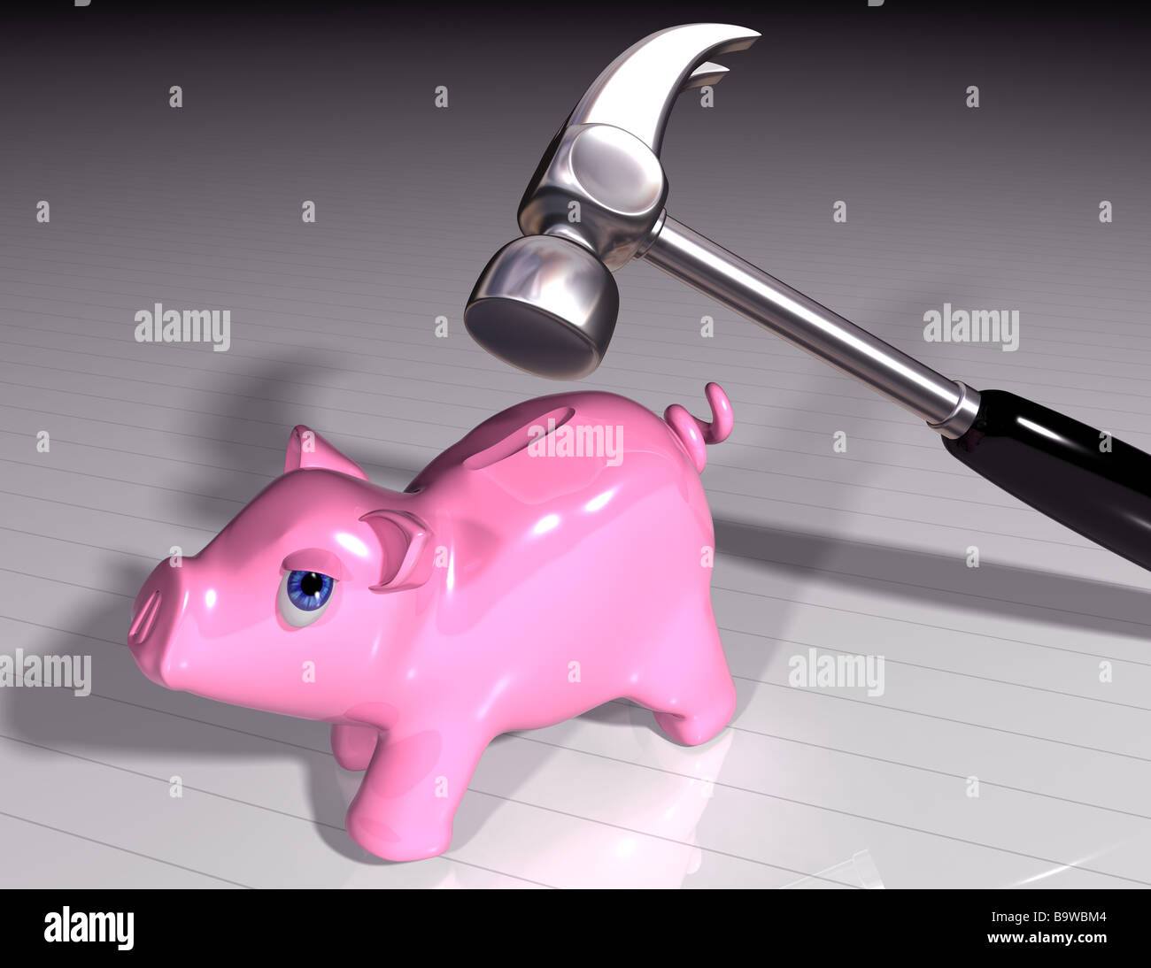 Abbildung eines Hammers lastet auf einem niedlichen Sparschwein Stockfoto