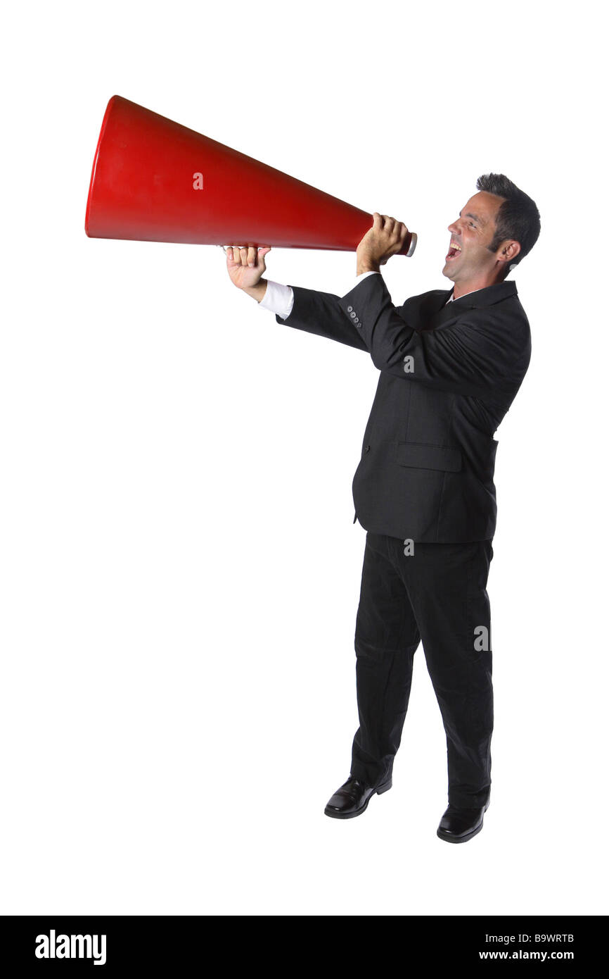 Geschäftsmann mit Megaphon isoliert auf weiss Stockfoto