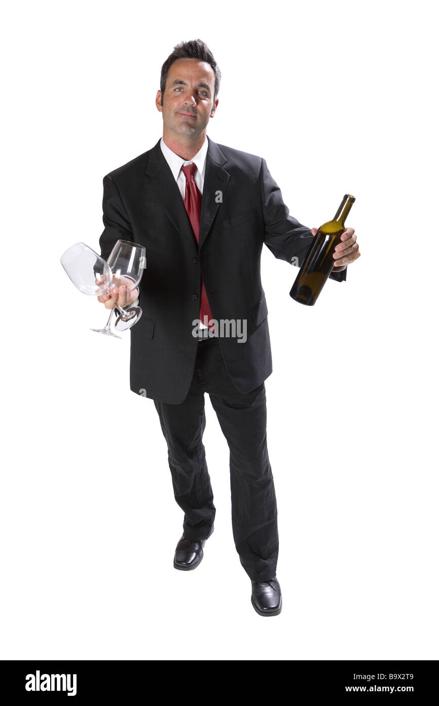 Geschäftsmann mit Wein und Gläsern isoliert auf weiss Stockfoto