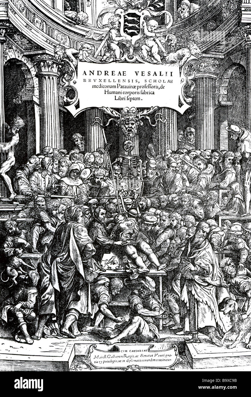 DE HUMANI CORPORIS FABRICA Frontispiz von der 1543-Buch von Vesalius zeigt ihm die Aufsicht über eine Dissektion Stockfoto