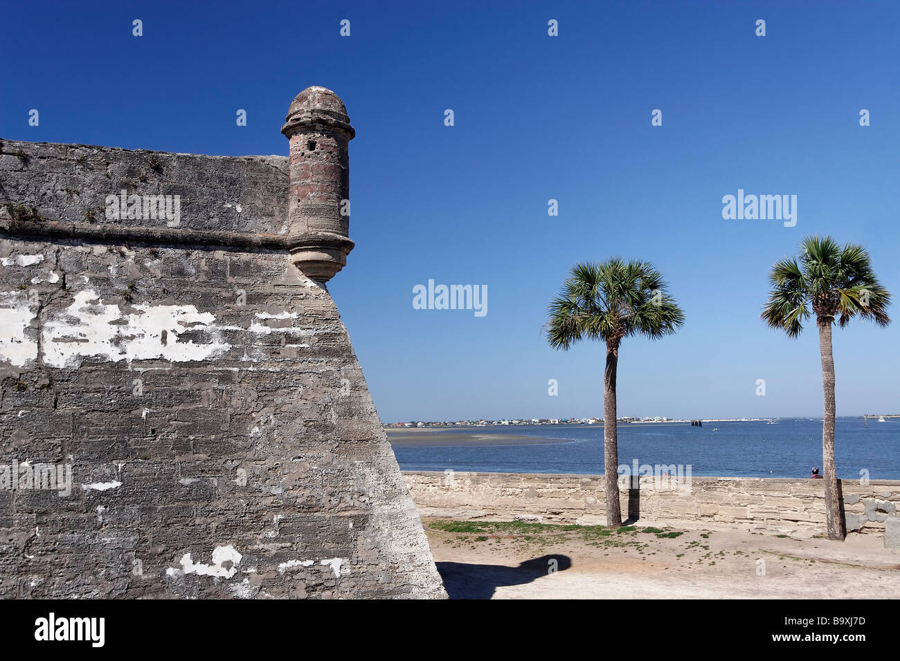 Wand und Turm mit Palmen Bäume Castillo de San Marcos St. Augustine Florida Stockfoto