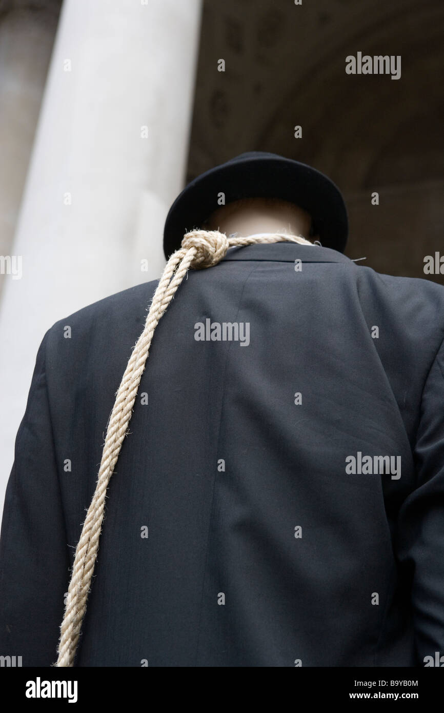 Schaufensterpuppe in Schlinge bei antikapitalistischen Protest gegen Banken und G20-Gipfel in London 1. April 2009 Stockfoto