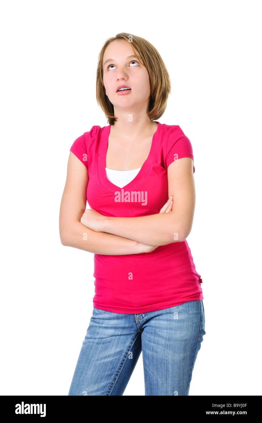Teenager-Mädchen zeigt Haltung isoliert auf weißem Hintergrund Stockfoto