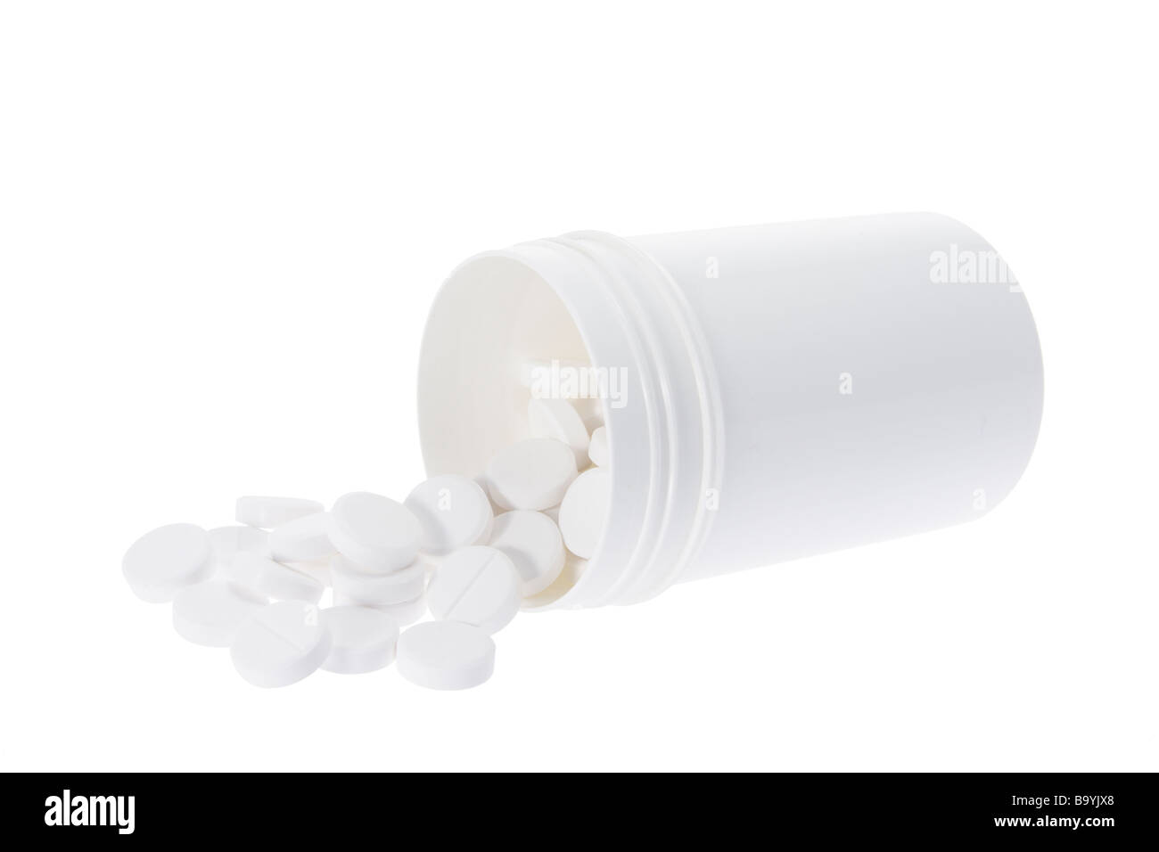 Pillen in Kunststoff-Flasche Stockfoto
