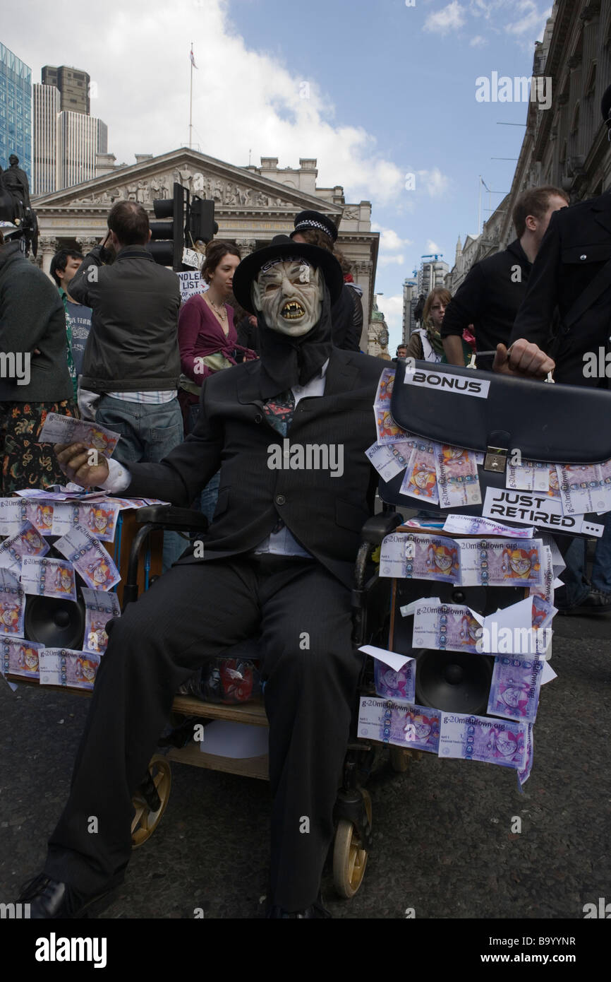 Reformator des Bankers Kostüm bei antikapitalistischen Protest gegen G20-Gipfel, London, 1. April 2009 Stockfoto