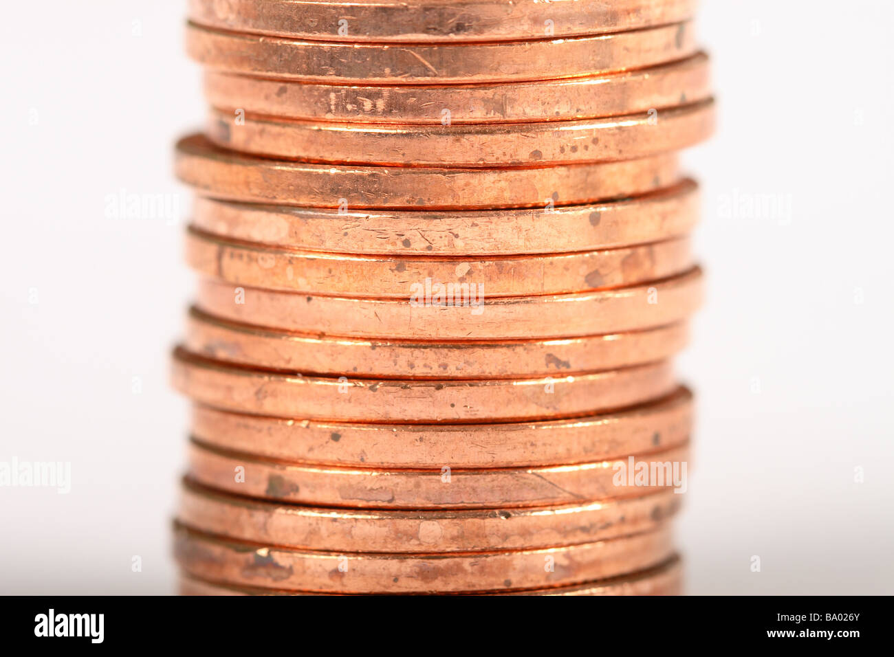 Stapel Stapel von 1 p 1 Cent Cent Münzen bares Geld Stockfoto