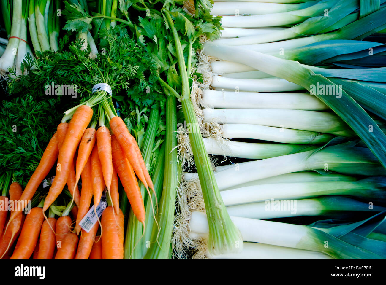 Lecks, Karotten und Sellerie zum Verkauf an einen Bauernmarkt in Paris, Frankreich. Stockfoto