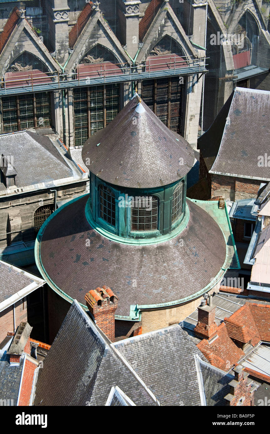 Teil der Kathedrale von Notre Dame, umgeben von Häusern Tournai, Belgien Stockfoto