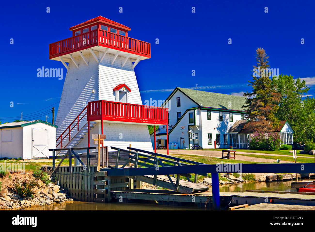 Leuchtturm an der Marina in Gull Lake Winnipeg Hecla Provincial Park Hecla Hafeninsel Manitoba Kanada Stockfoto