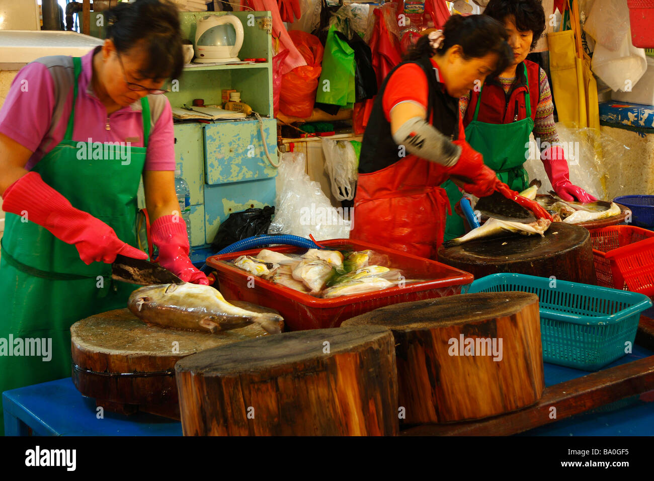 Koreanische Frauen in Coloful Kleidung vorbereiten frische Meeresfrüchte für Verkauf auf dem Fischmarkt in Busan Stockfoto