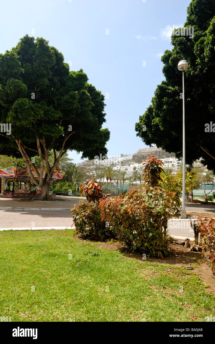 Eine schöne Aussicht von Avenida del Valle in den Park. Puerto Rico, Gran Canaria, Kanarische Inseln, Spanien, Europa. Stockfoto