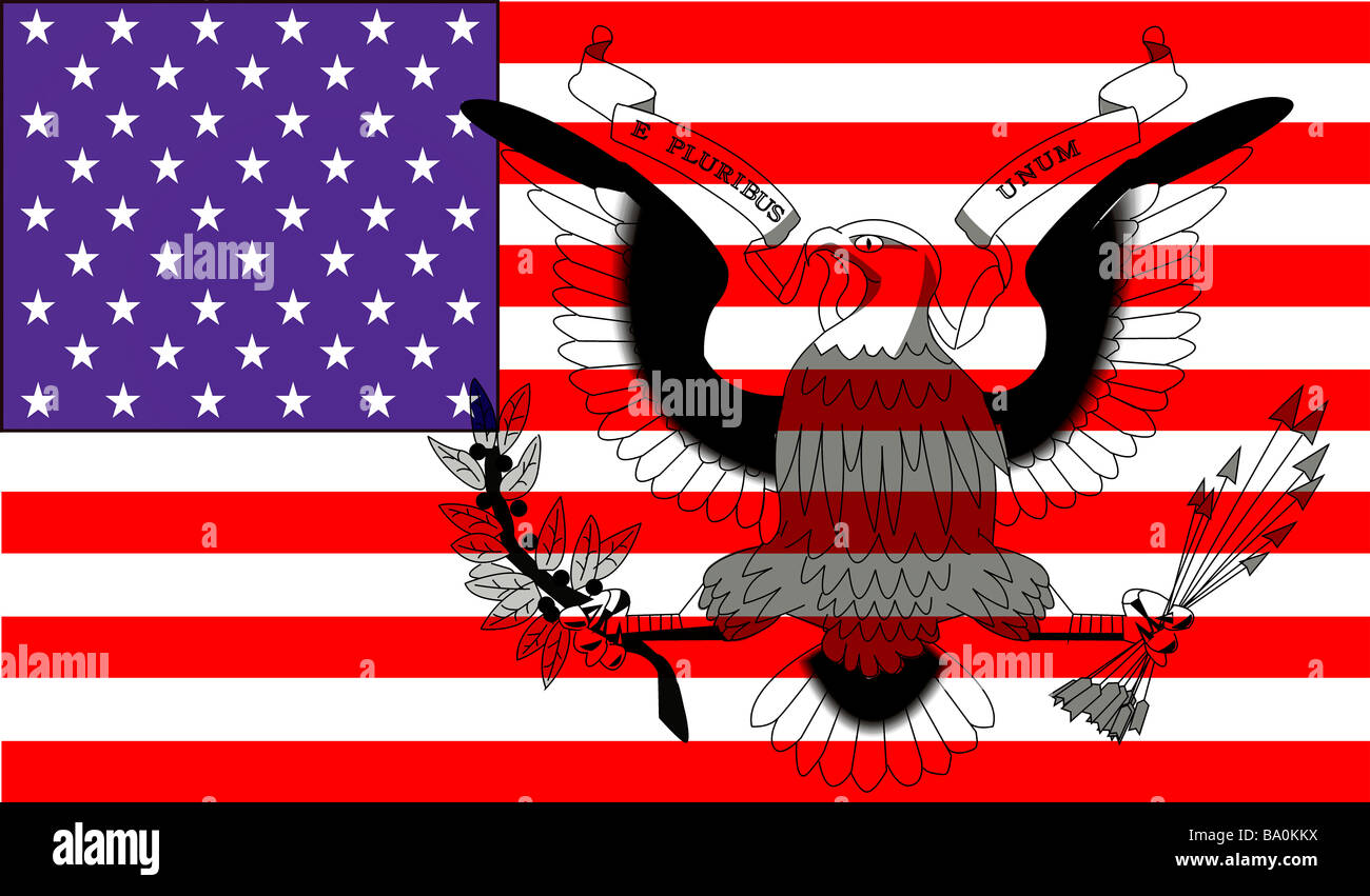 Das große Siegel von der Vereinigte Staaten von Amerika Compositing auf amerikanische Flagge Stockfoto