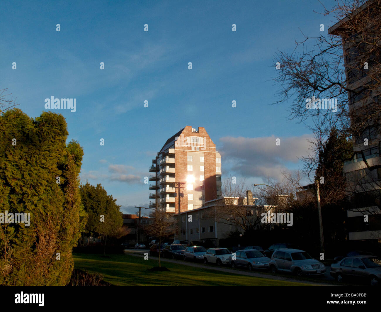 Eigentumswohnung bei Sonnenuntergang in Vancouver British Columbia Stockfoto