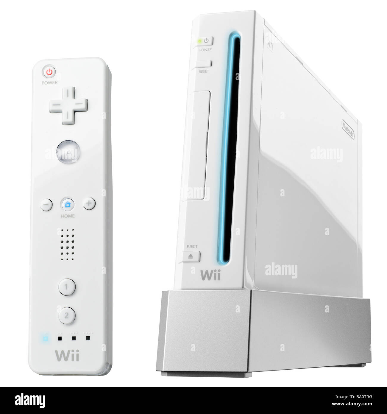 Nintendo Wii und Wii Remote Control-Ausschnitt auf weißem Hintergrund Stockfoto