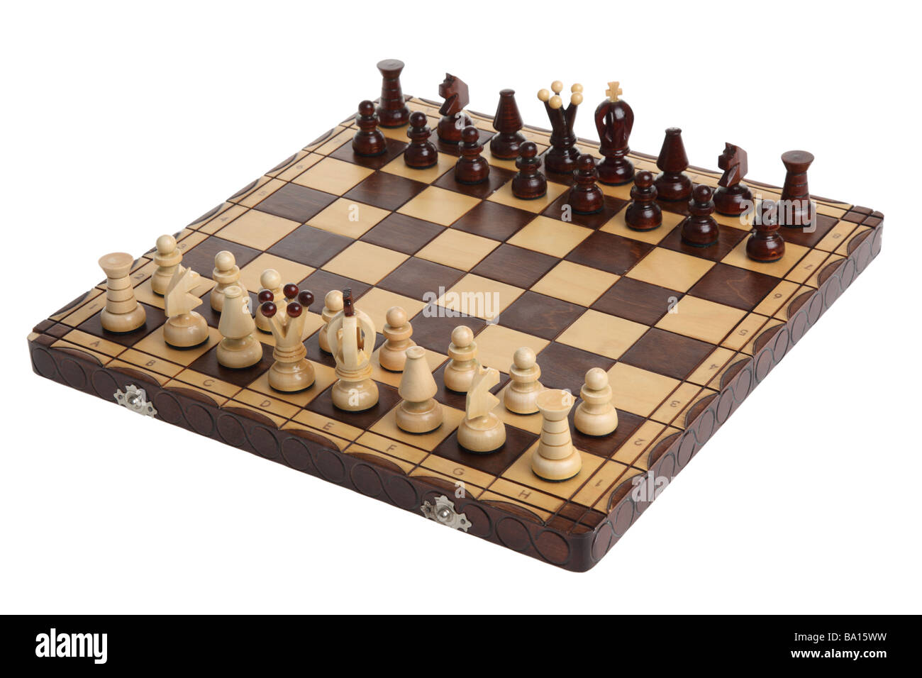 Schach an Bord Ausschnitt auf weißem Hintergrund Stockfoto