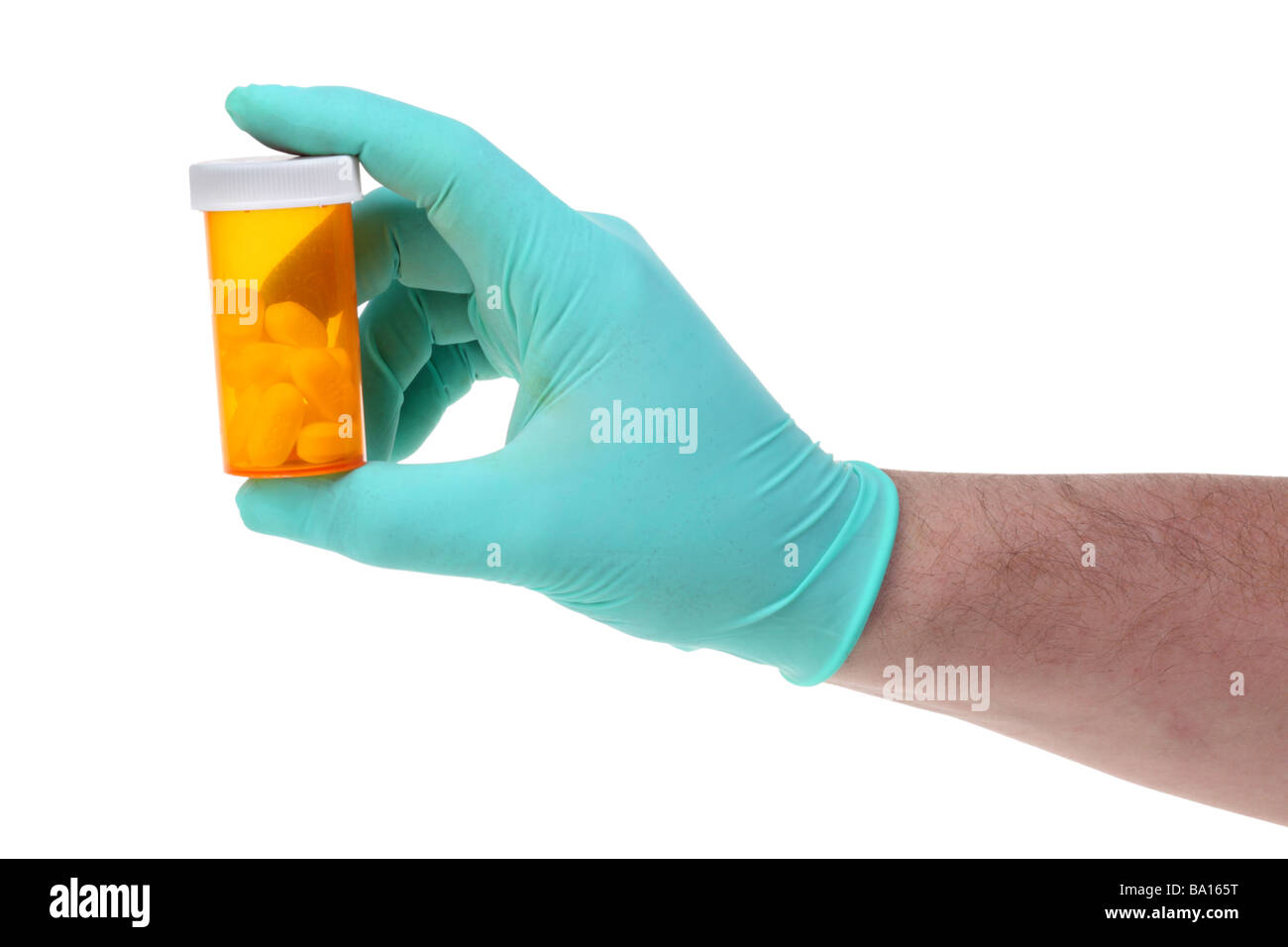 Hand, die Pille Flasche Ausschnitt auf weißem Hintergrund Stockfoto