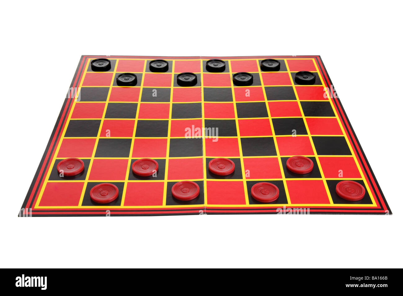 Checkers Spiel Board Ausschnitt auf weißem Hintergrund Stockfoto