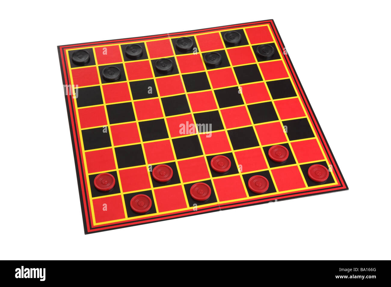 Checkers Spiel Board Ausschnitt auf weißem Hintergrund Stockfoto