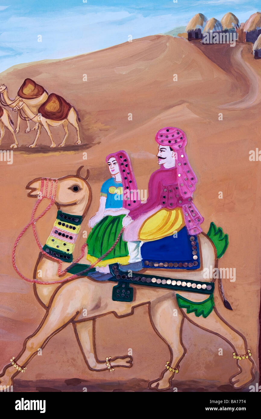 Indische Wandgemälde ein Mann und eine Frau in traditioneller indischer Kleidung Reiten ein Kamel in der Wüste Stockfoto