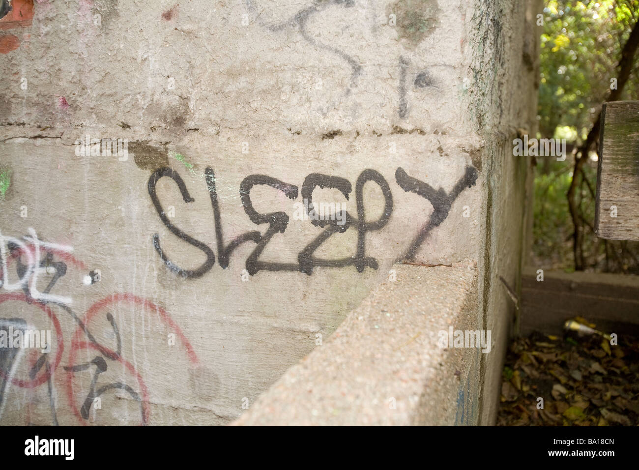 Bande Graffiti im ländlichen USA. Banden wandern von Innenstädten in ländlichen Gemeinden. Stockfoto